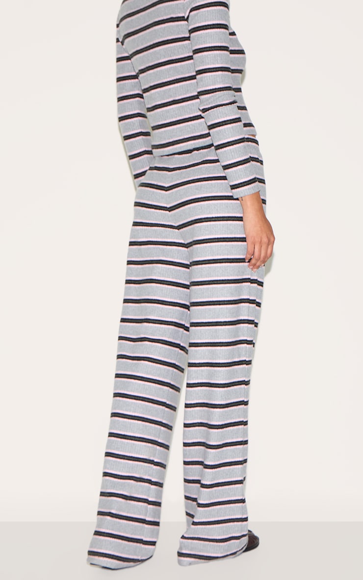Grey Brushed Rib Striped Mid Rise Wide Leg Pants image 3