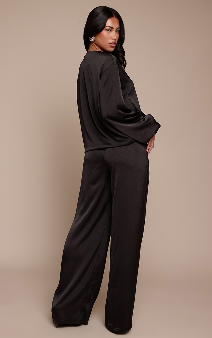 Black Textured Satin Drawstring Straight Leg Pant image 3