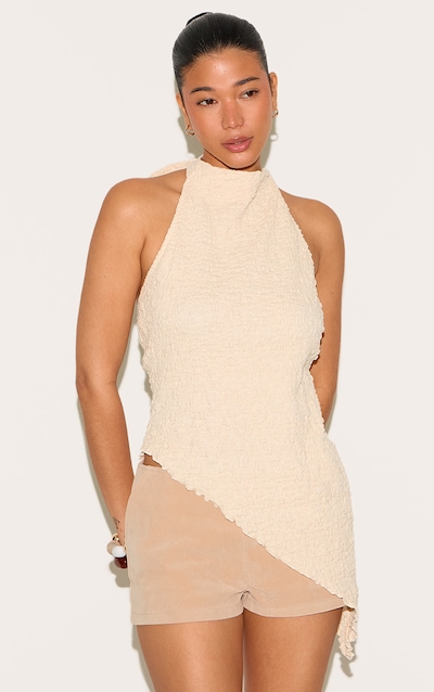 Cream Textured High Neck Asymmetric Hem Detail Long Top