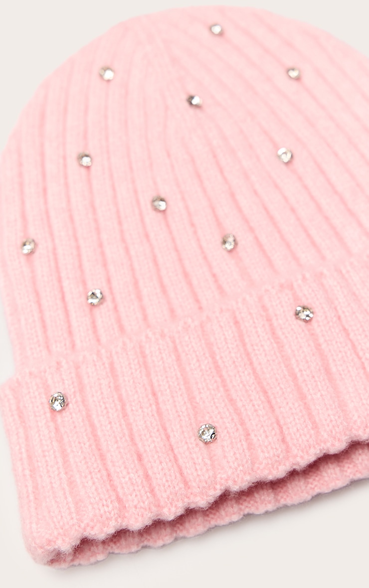 Pink Ribbed Diamante Fold Over Beanie image 3