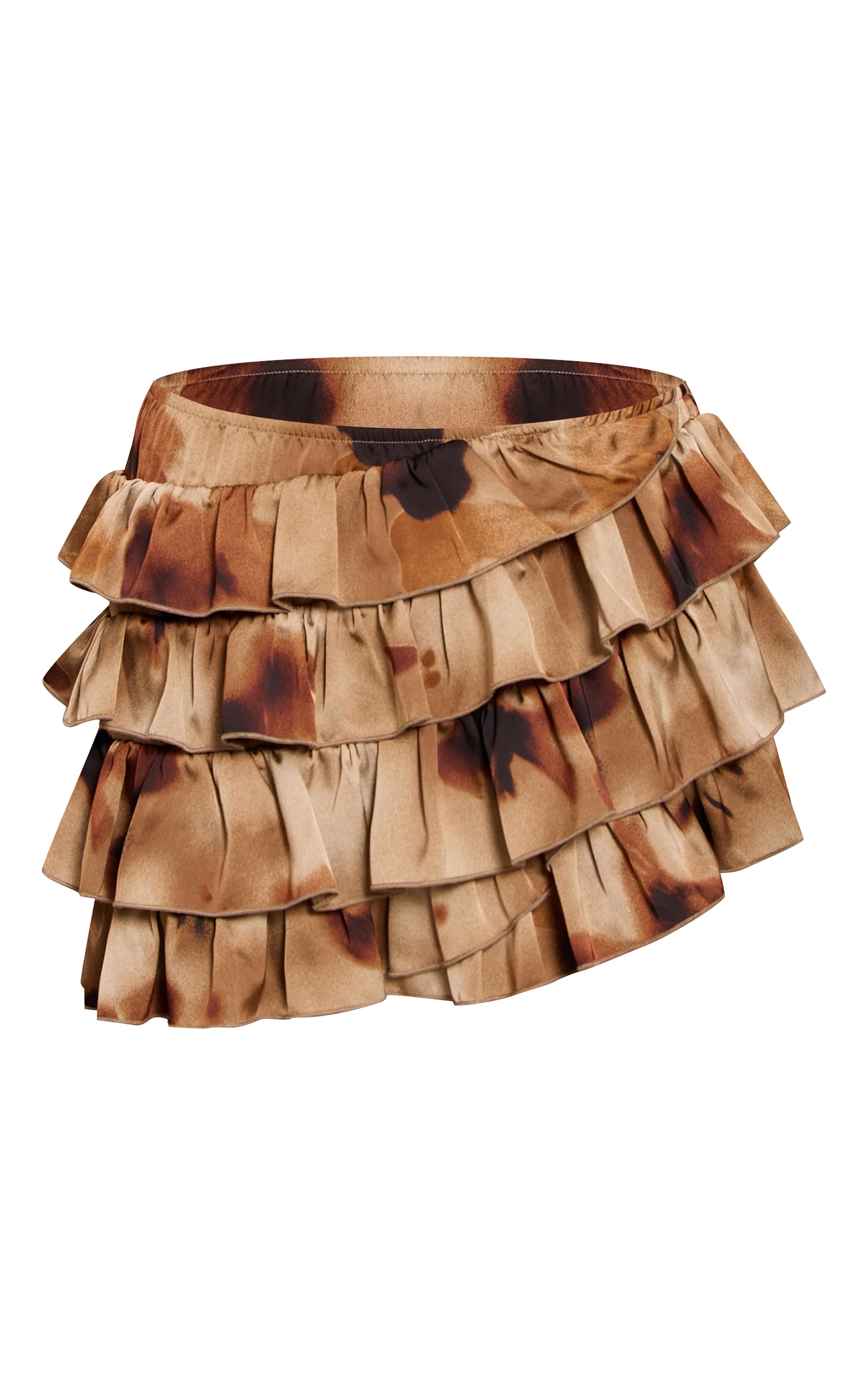 Brown Floral Abstract Print Satin Tiered Rara Mini Skirt image 6