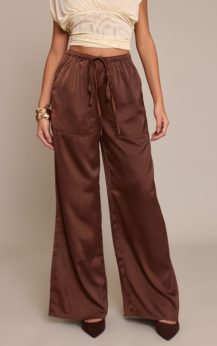 Chocolate Satin Low Rise Wide Leg Drawstring Pants image 2