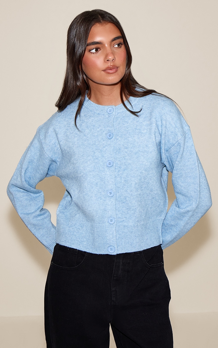 Light Blue Crew Neck Knit Cardigan image 1