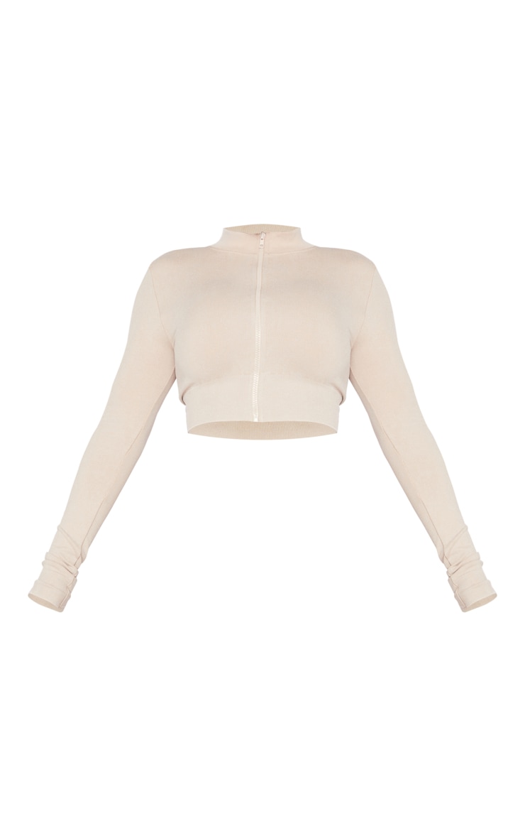 Shape Oatmeal Acid Wash Branded Panel Zip Front Gym Crop Top image 4