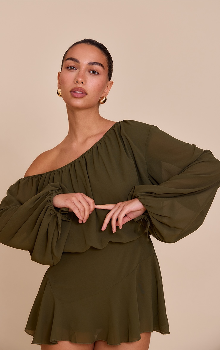 Dark Olive Chiffon One Shoulder Floaty Detail Skort Playsuit image 4