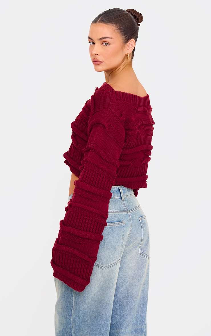 Dark Red Raised Contrast Crop Wide Neck Sweater | Knitwear