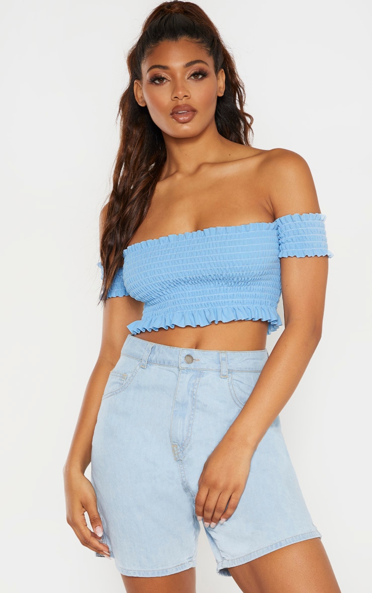 Tall Dusty Blue Shirred Bardot Crop Top