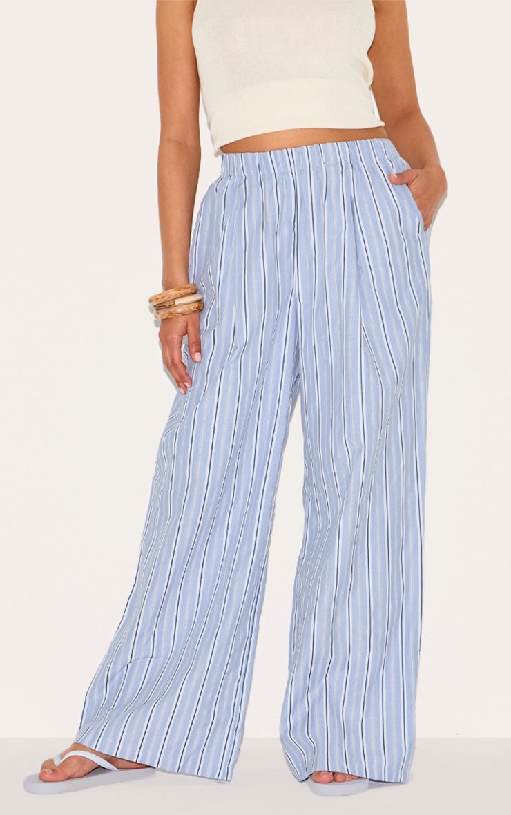 Petite Blue Pinstripe Elasticated Waist Wide Leg Pants image 1