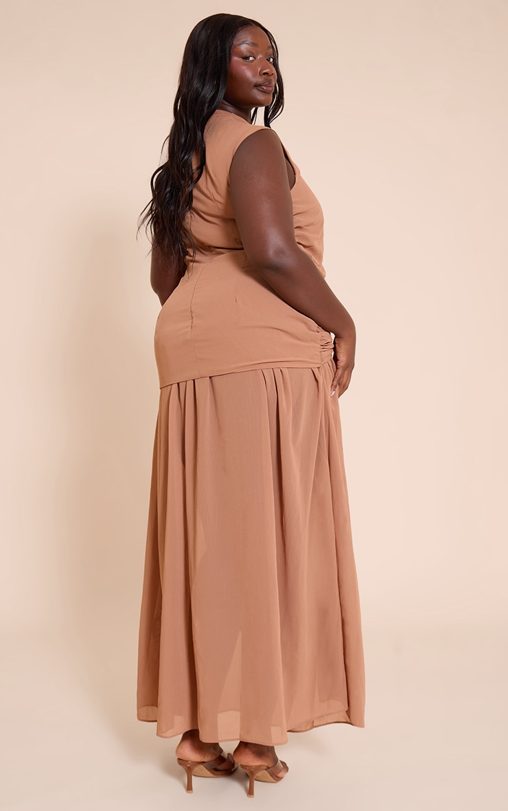 Plus Chocolate Chiffon Ruched Dropped Waist Sleeveless Maxi Dress image 2