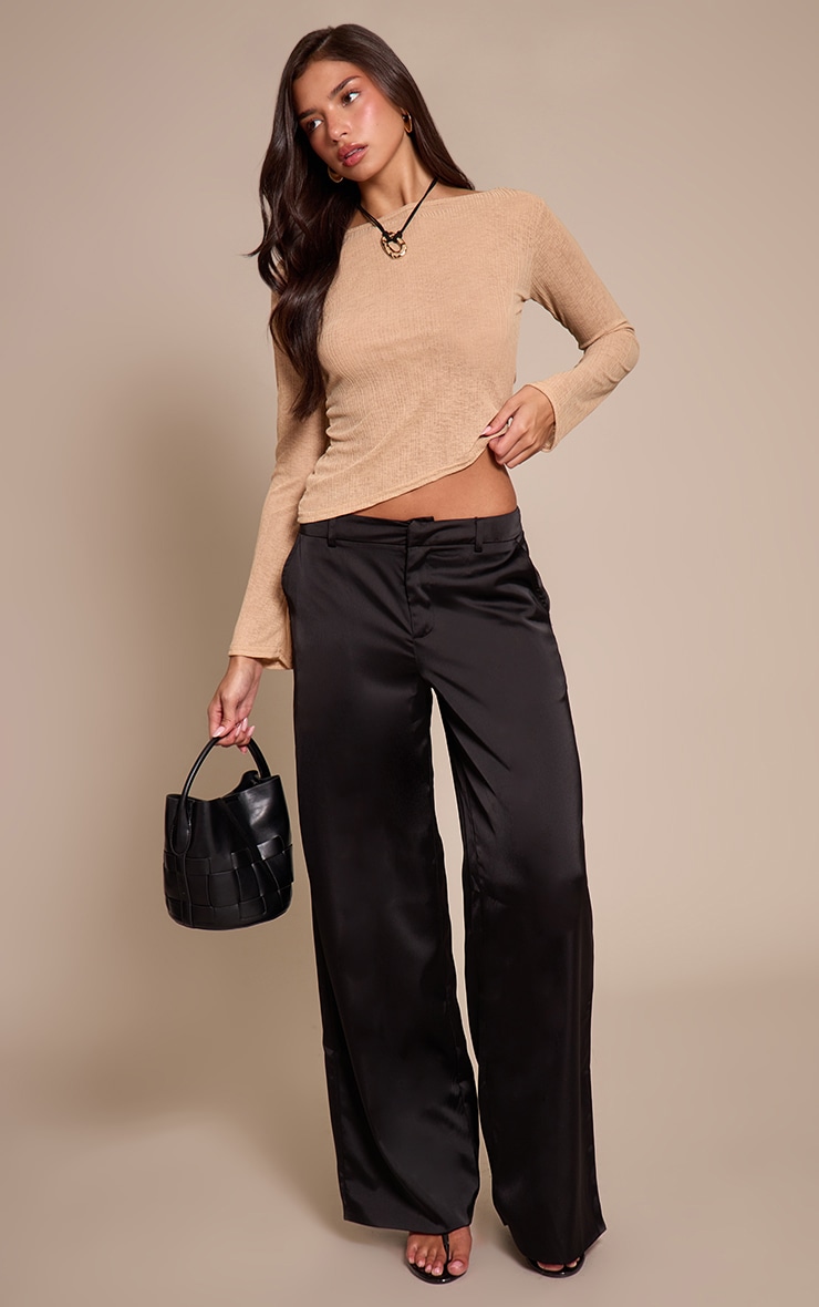 Tan Onion Skin Rib Boatneck Flare Sleeve Top  image 3
