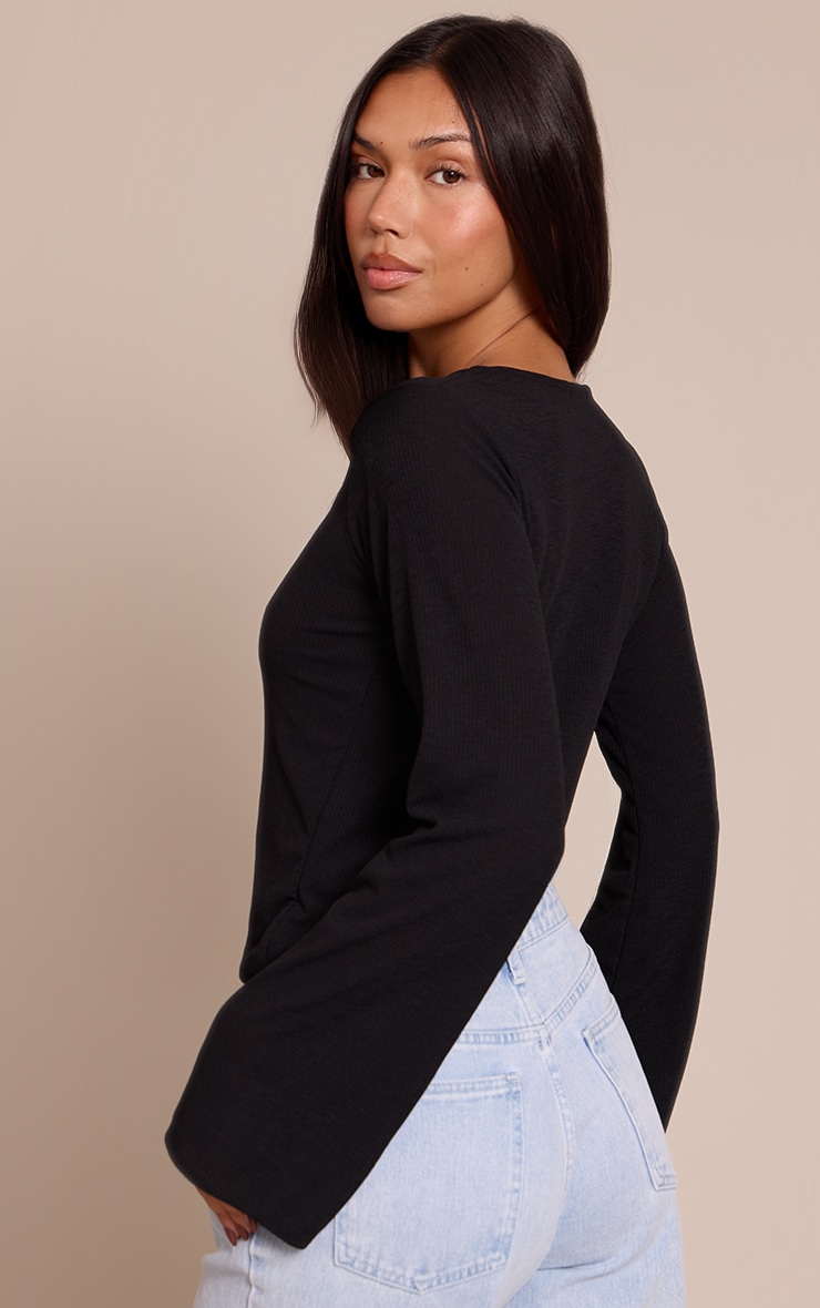 Black Rib Onion Skin Flare Long Sleeve Top image 2
