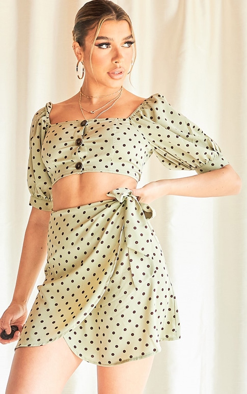 Sage Green Polka Print Bardot Puff Sleeve Crop Top