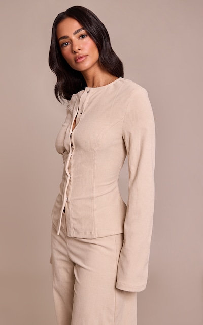 Petite Stone Round Neck Concealed Button Long Sleeve Cord Top