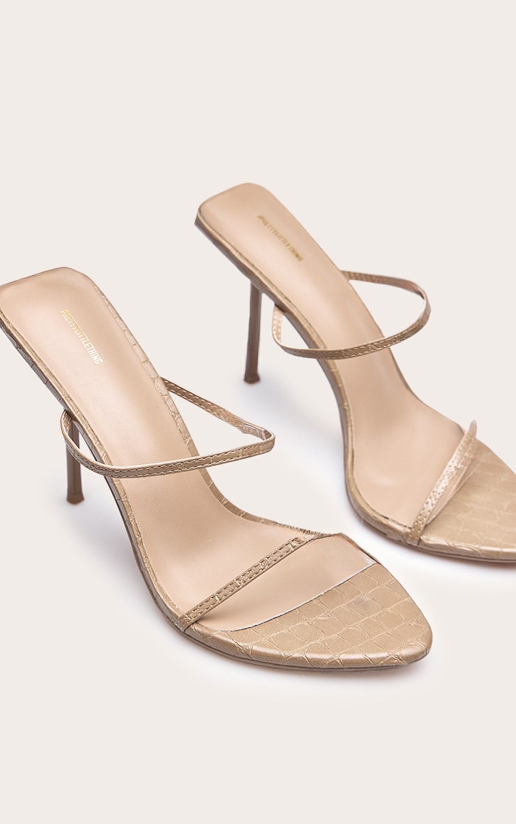 PLT Label Taupe Croc Faux Leather Barely There Point Toe High Heels image 3