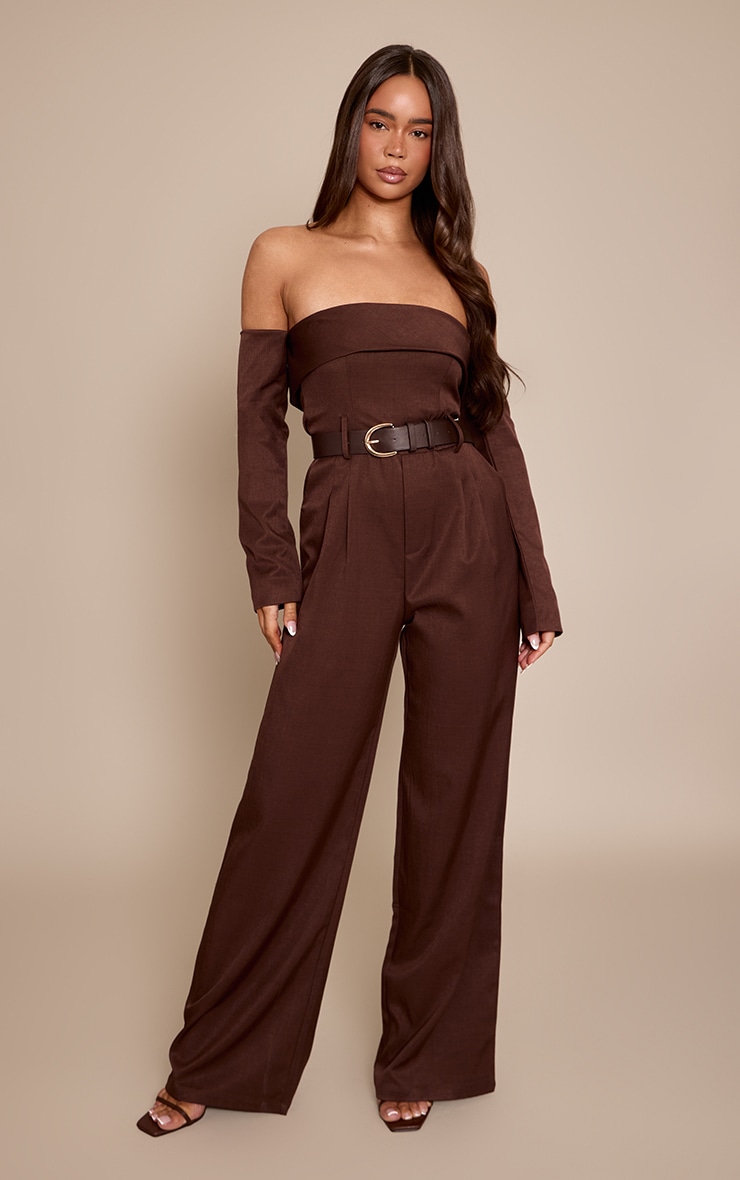 Chocolate Woven Bardot Long Sleeve Belt Detail Jumpsuit image 1