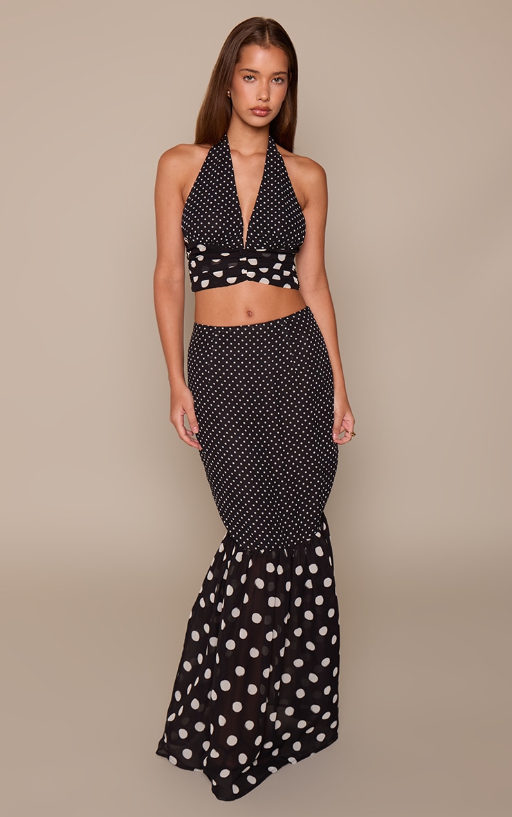 Black Chiffon Contrast Multi Polka Dot Fishtail Maxi Skirt