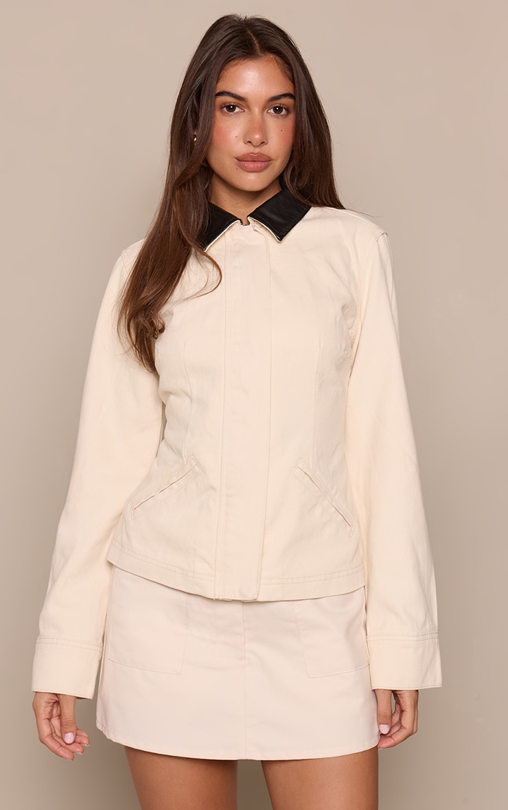 Ecru Contrast Collar Cinched Denim Jacket