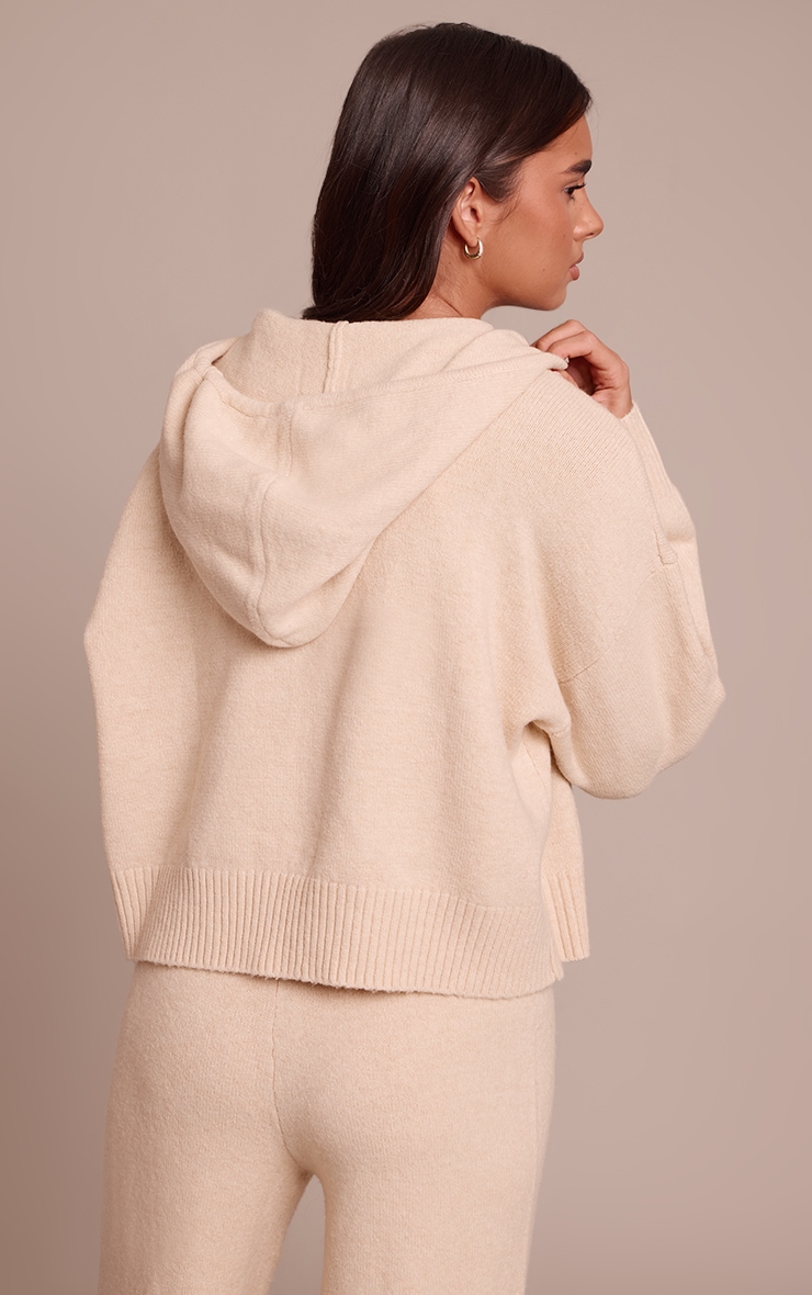Beige Zip Through Knitted Hoodie image 2