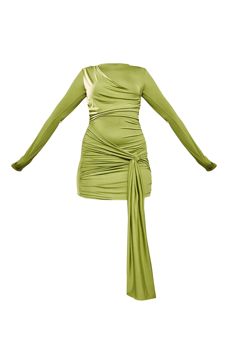Olive Slinky Drape Detail Long Sleeve Bodycon Dress image 5