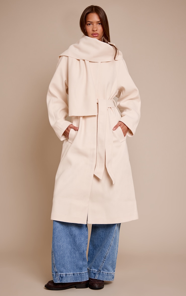 Cream High Neck Scarf Wool Look Maxi Coat image 3