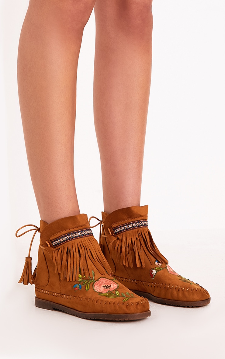 Saz Tan Embroidered Fringed Boots PrettyLittleThing