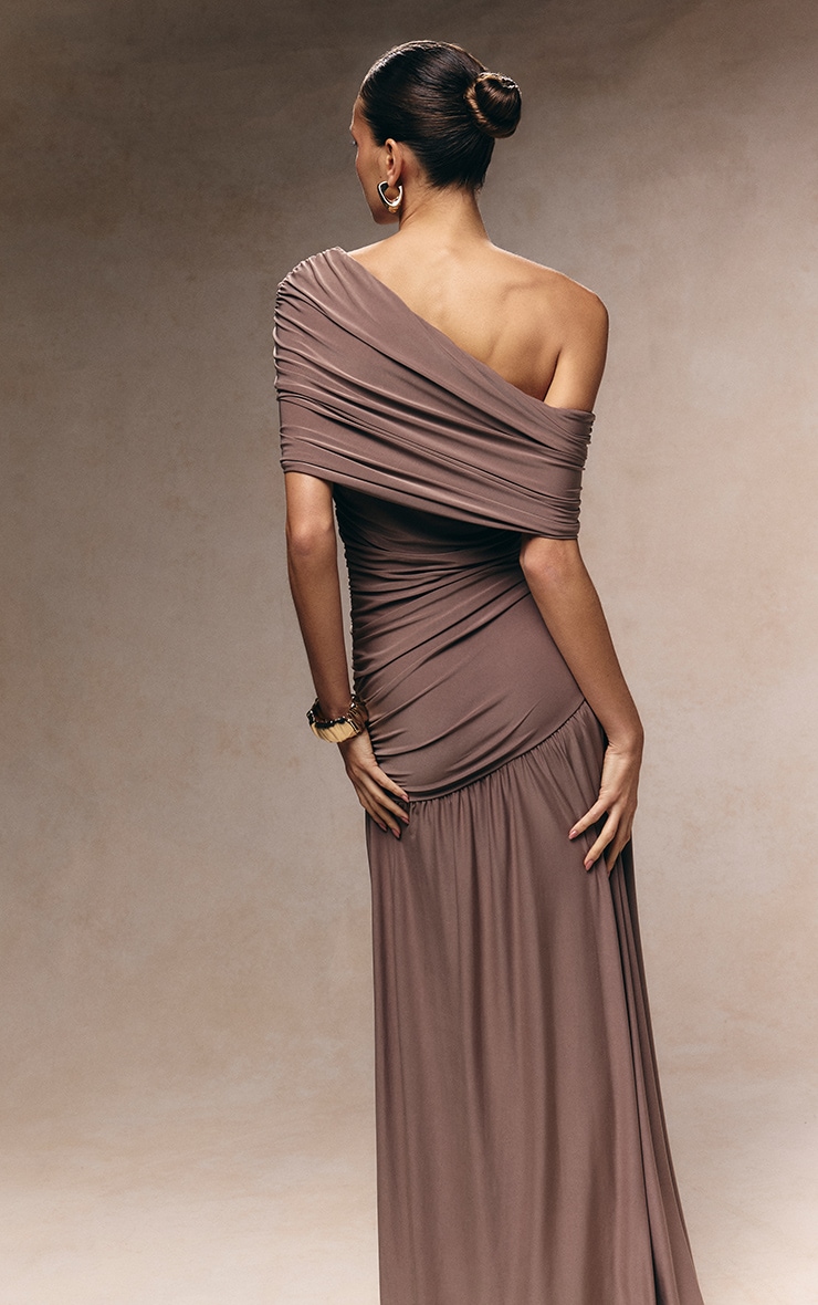 Taupe Double Layer Slinky Bardot One Shoulder Ruched Maxi Dress image 2