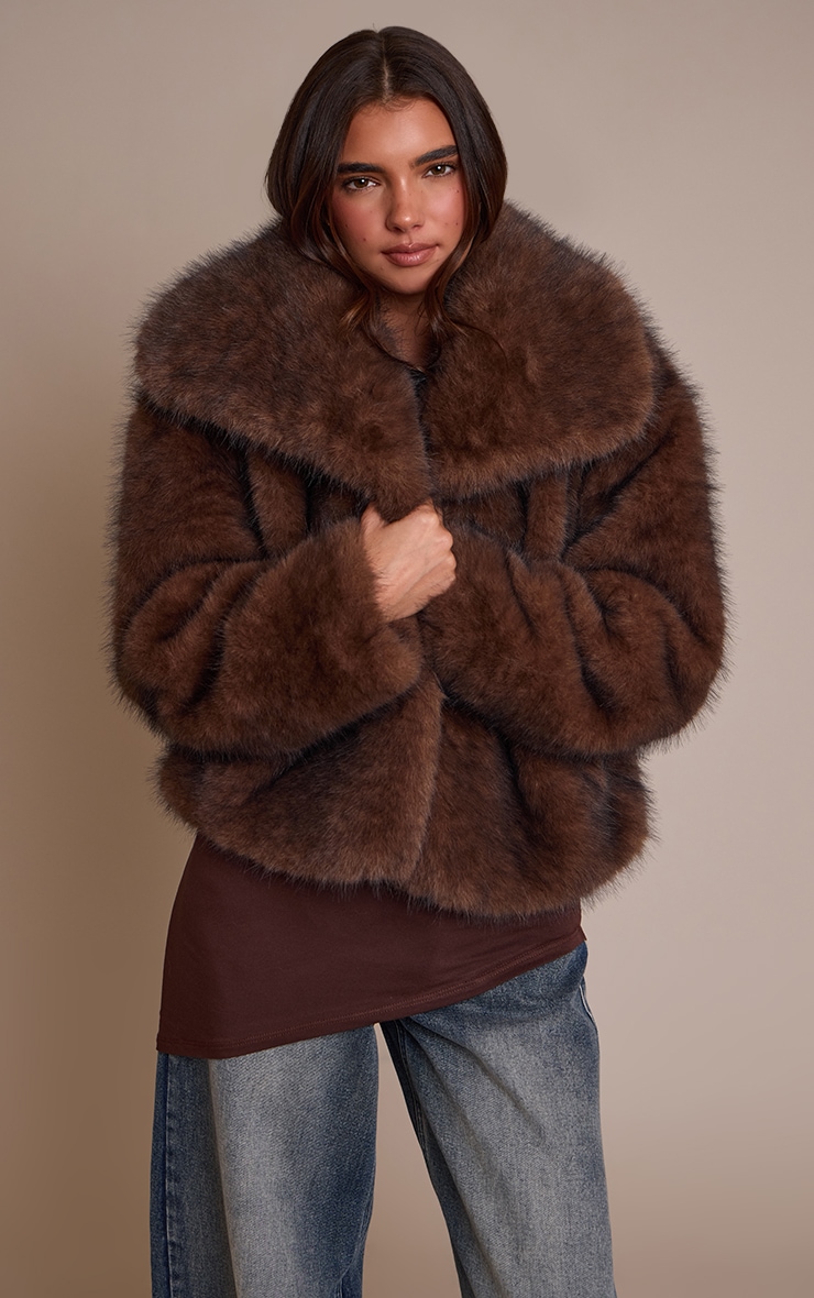 Chocolate Faux Fur Short Shawl Collar Coat image 4