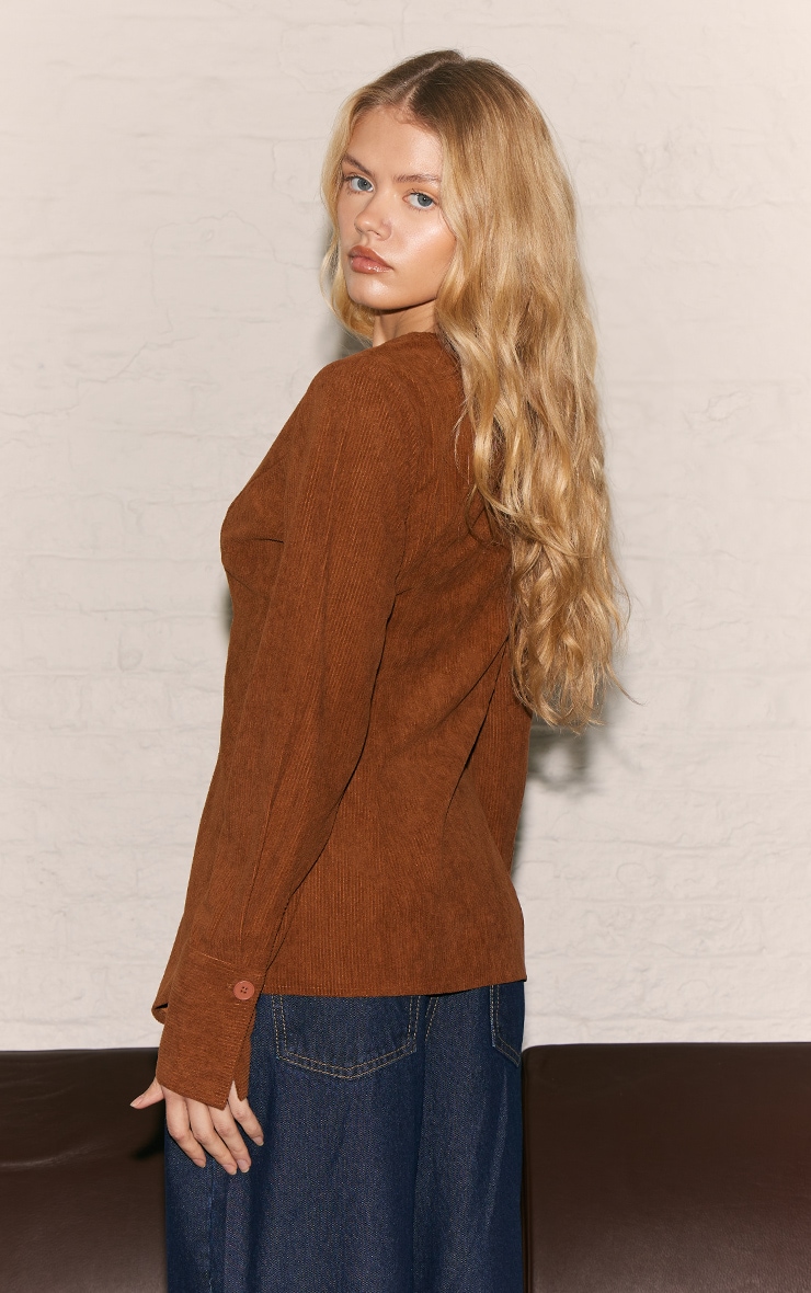 Tan Corduroy Plunge Fitted Blouse image 2