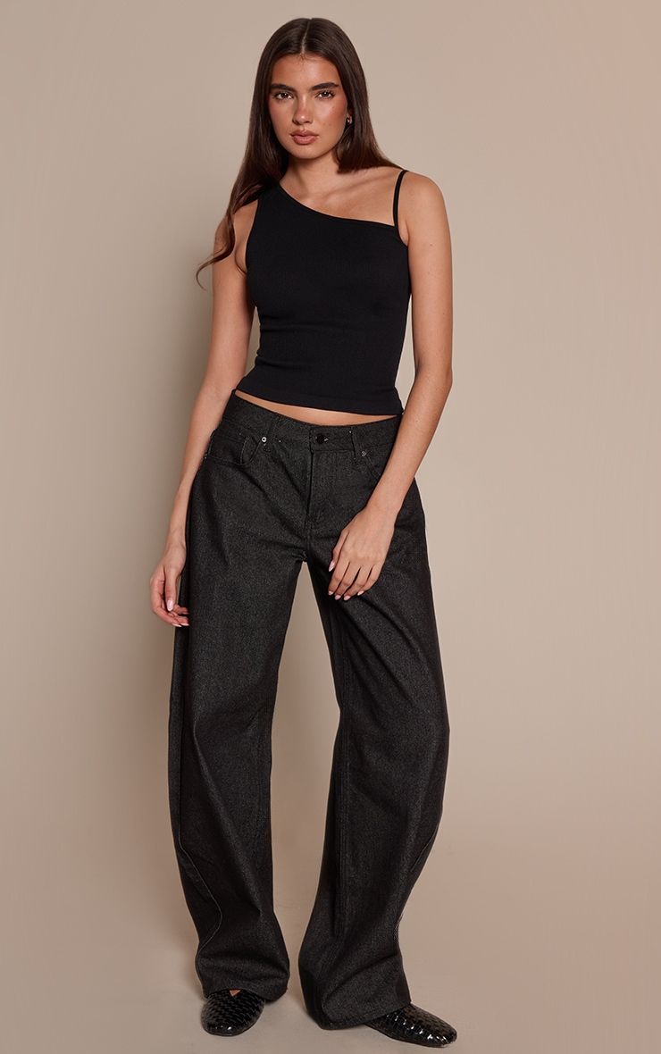 Black Contour Rib Strap Detail Vest Top  image 3