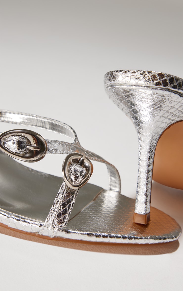 Silver Croc PU Round Toe Buckle Cross Strap Detail Mid Stiletto Heeled Mules image 4