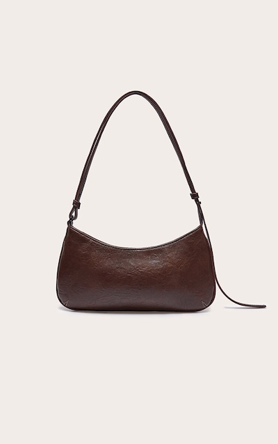 Brown Textured PU Baguette Shoulder Bag