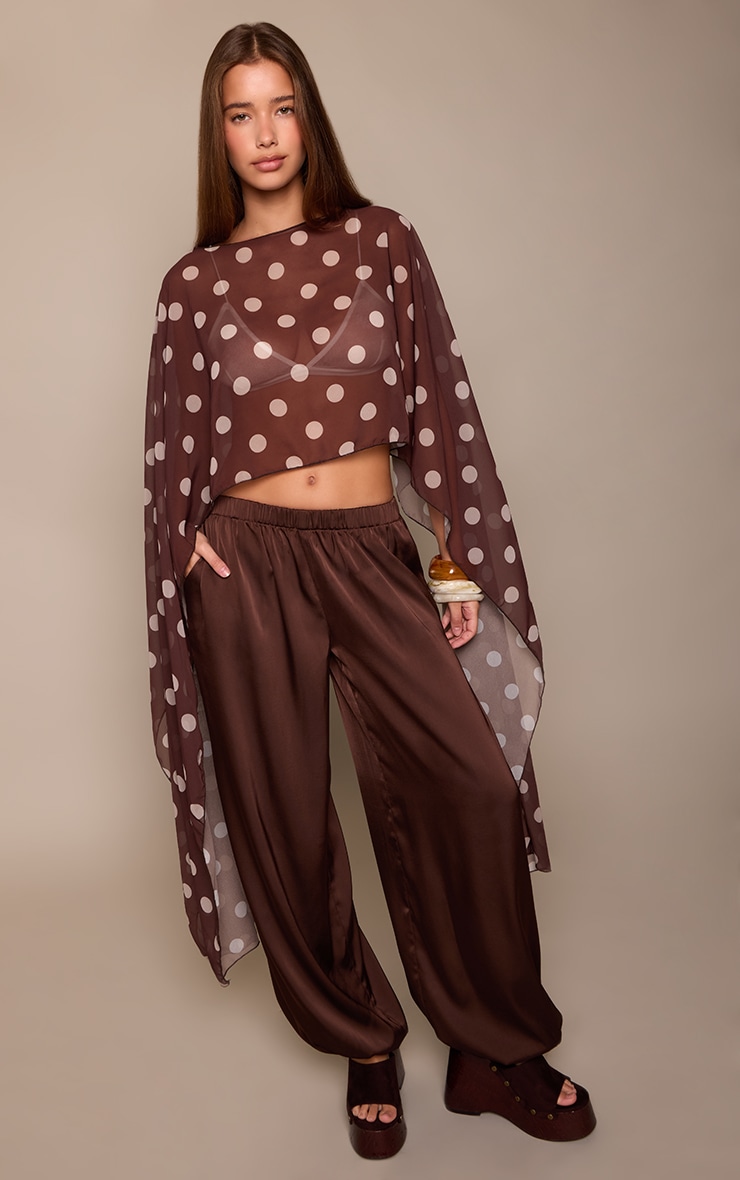Chocolate Chiffon Polka Dot Cropped Cape Detail Top