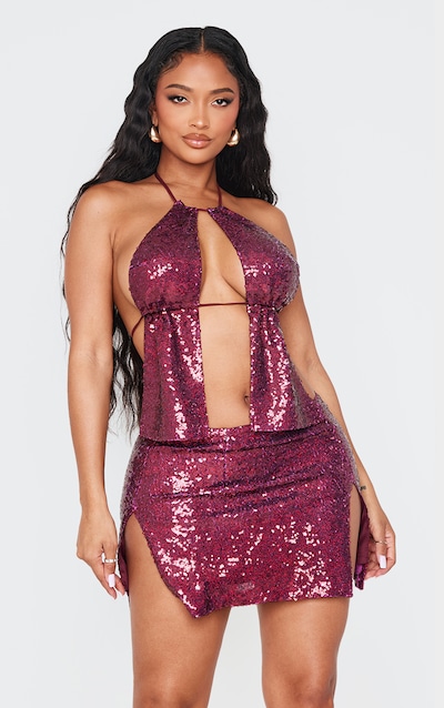 Shape Burgundy Sequin Halter Neck Split Front Top