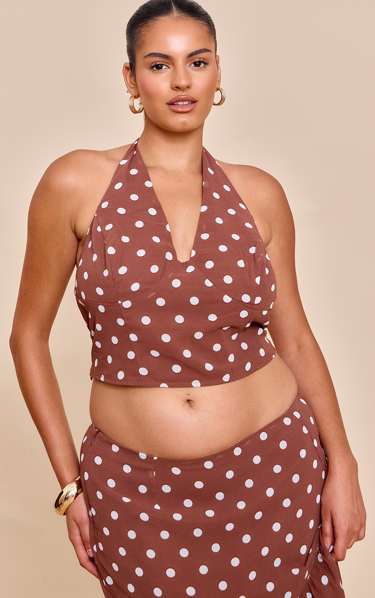 Plus Chocolate Polka Dot Halterneck Chiffon Top image 1