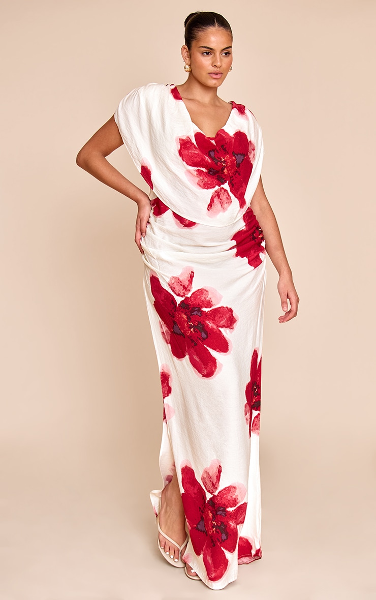 Plus Red Printed Extreme Cowl Ruched Detail Maxi Dress image 4