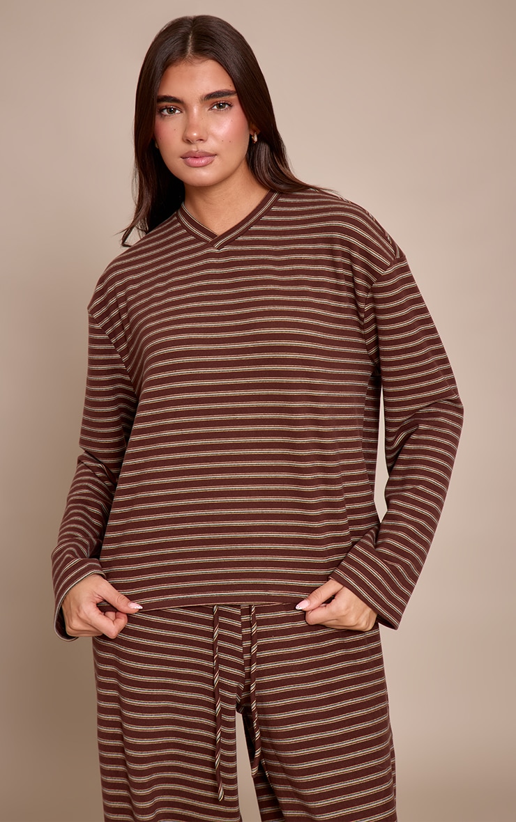 Chocolate Striped Soft Fleece V Neck Sweatshirt image 1