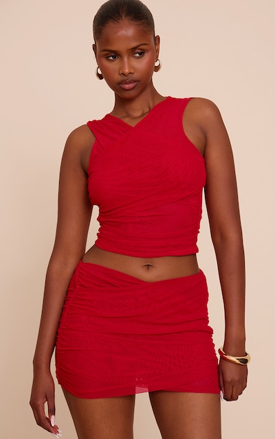 Tomato Red Mesh Ruched Top