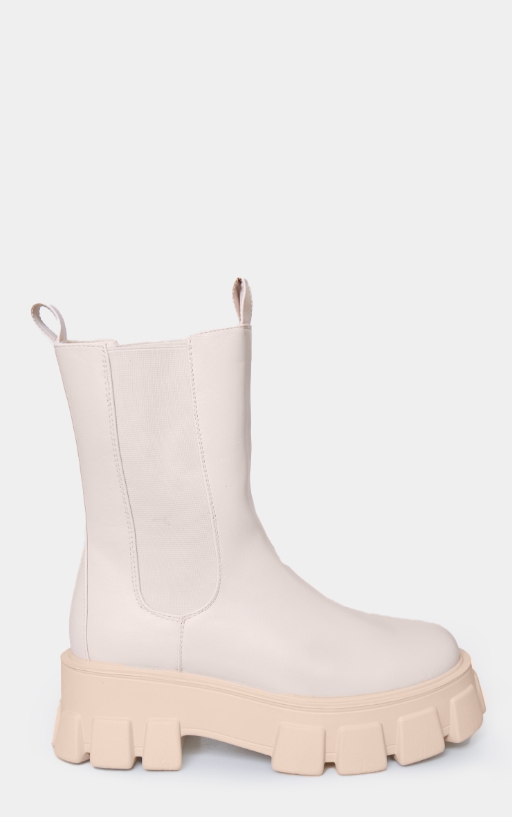 Cream PU Chunky Sole High Chelsea Ankle Boots image 4