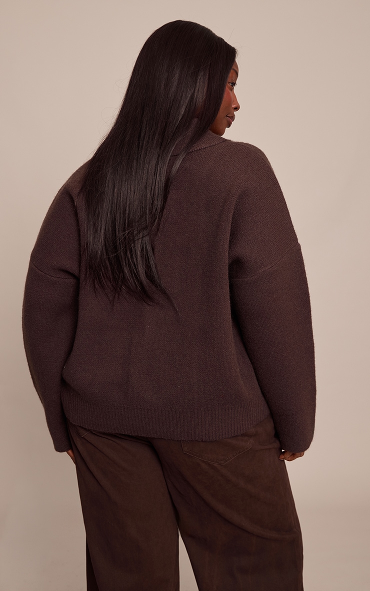 Plus Chocolate Contrast Collar Deep V Neck Slouchy Sweater image 2