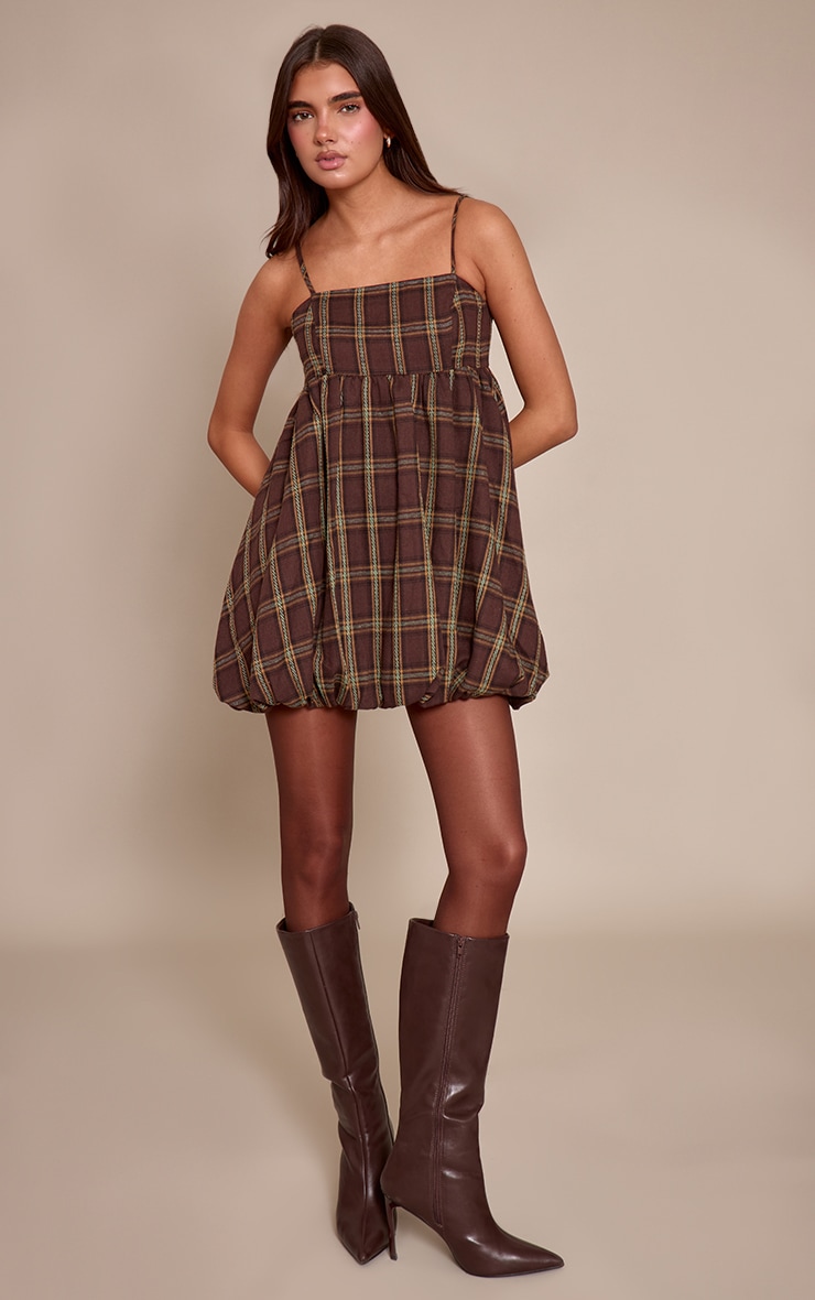 Brown Check Strappy Puff Ball Dress image 1
