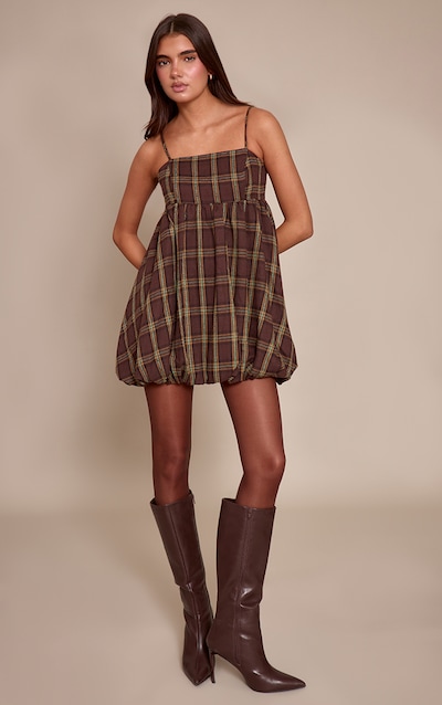 Brown Check Strappy Puff Ball Dress
