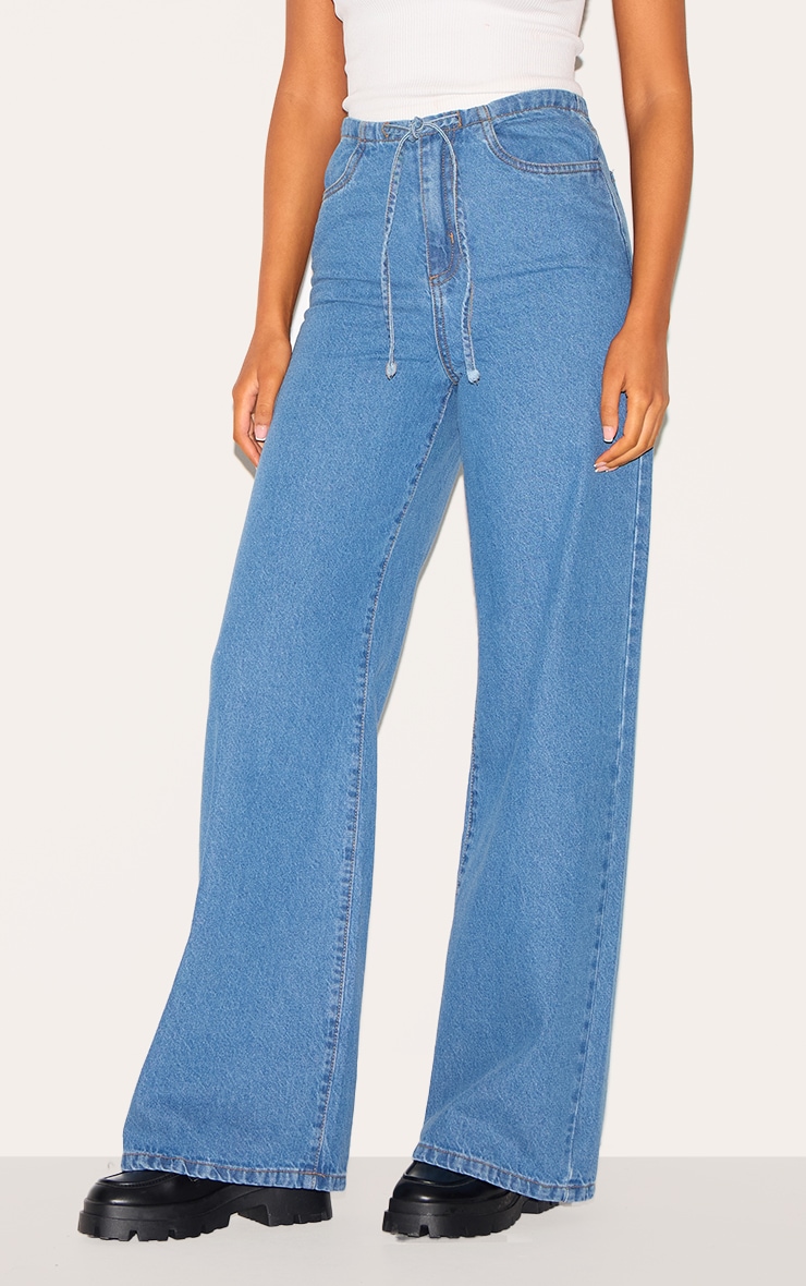 Tall Mid Blue Wash Low Rise Tie Waistband Wide Leg Jeans image 2