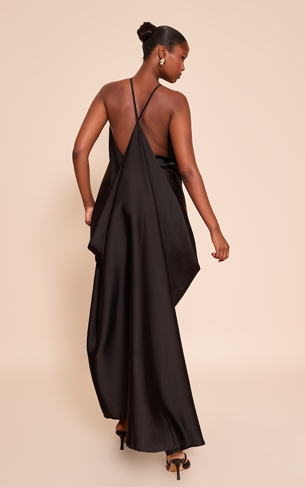 Black Satin Drape Back Detail Maxi Dress