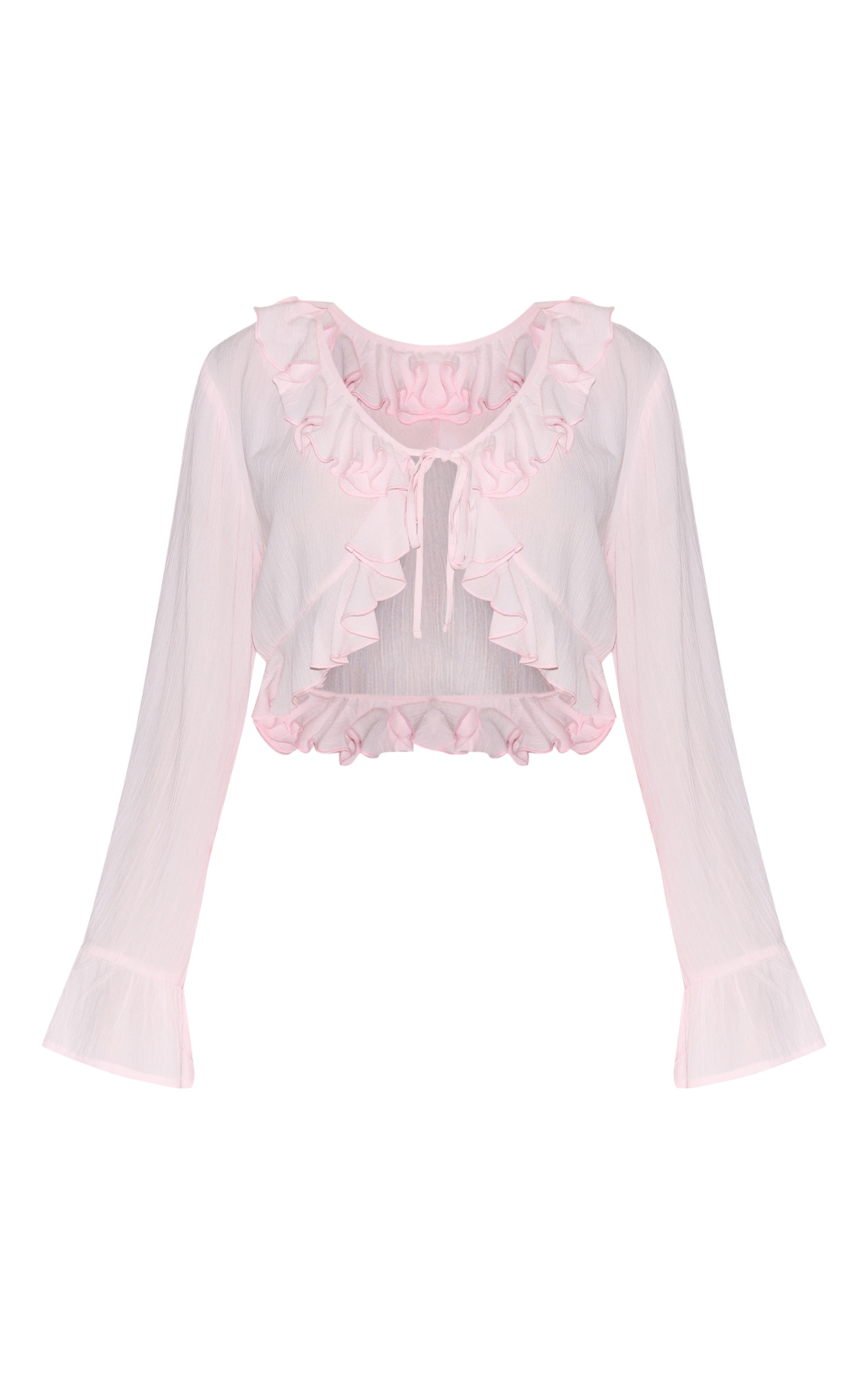 Petite Top en étamine rose noué devant à volants et manches longues image 5