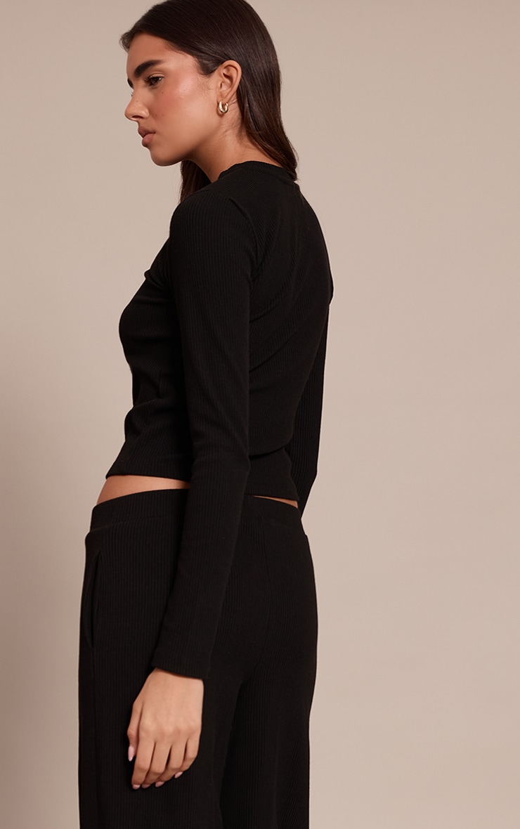 Black Rib Long Sleeve Button Up Fitted Cardigan  image 2