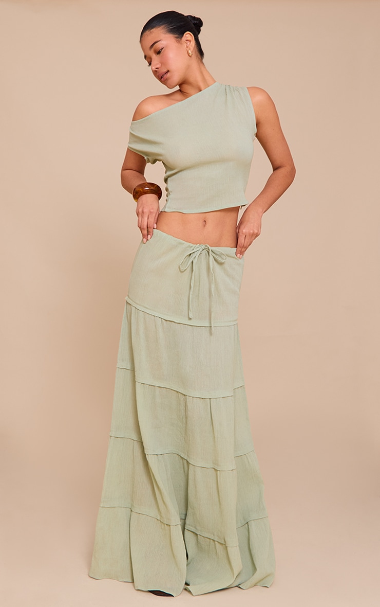 Sage Green Cheesecloth Off The Shoulder Asymmetric Top image 3