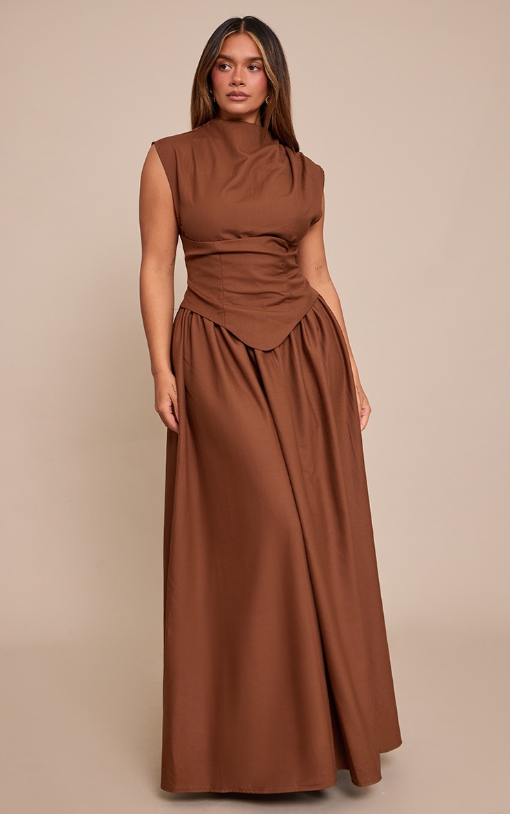 Shape Chocolate Woven High Neck Corseted Maxi Shift Dress image 1