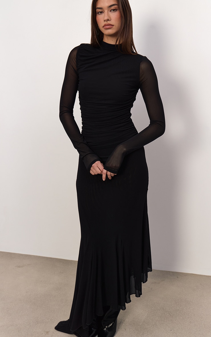 Black Mesh Long Sleeve High Neck Ruched Maxi Dress image 4