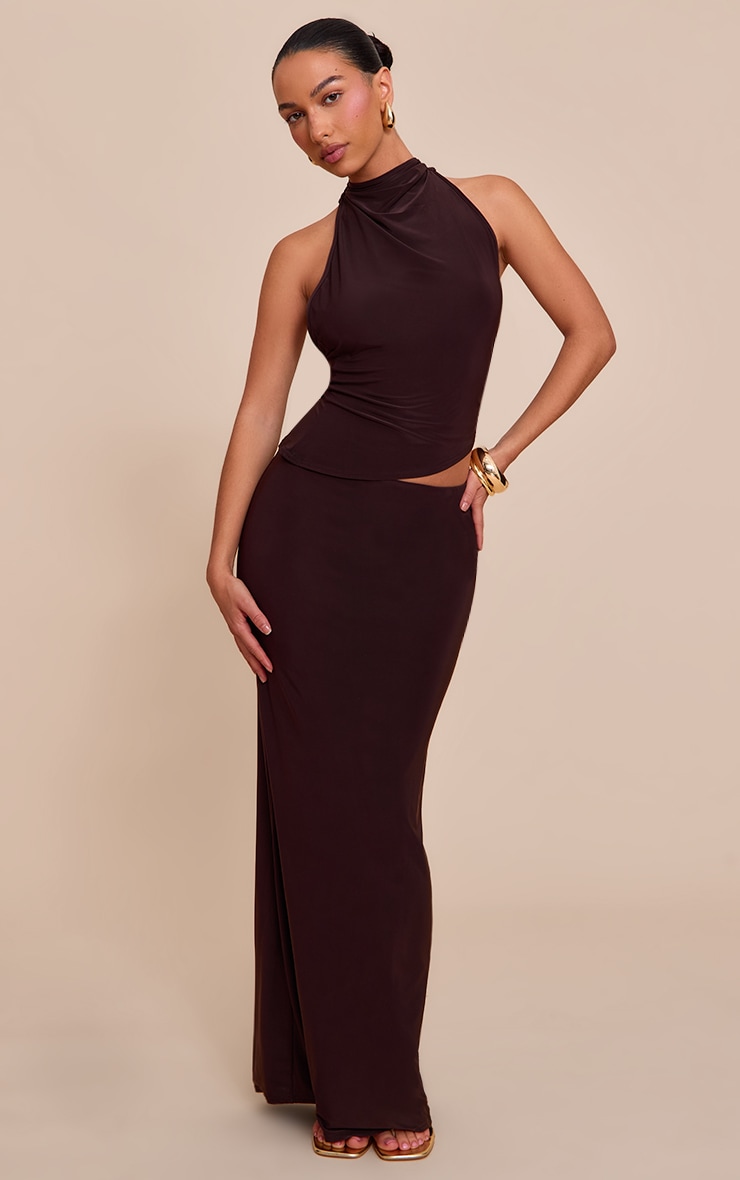 Chocolate Brown Slinky Mid Rise Maxi Skirt image 1