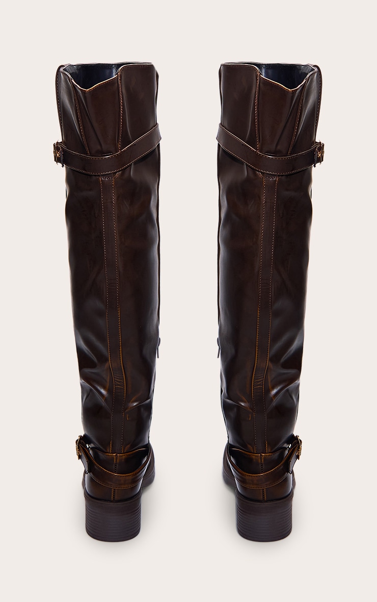 Brown Burnish PU Buckle Detail Over The Knee Boots image 4